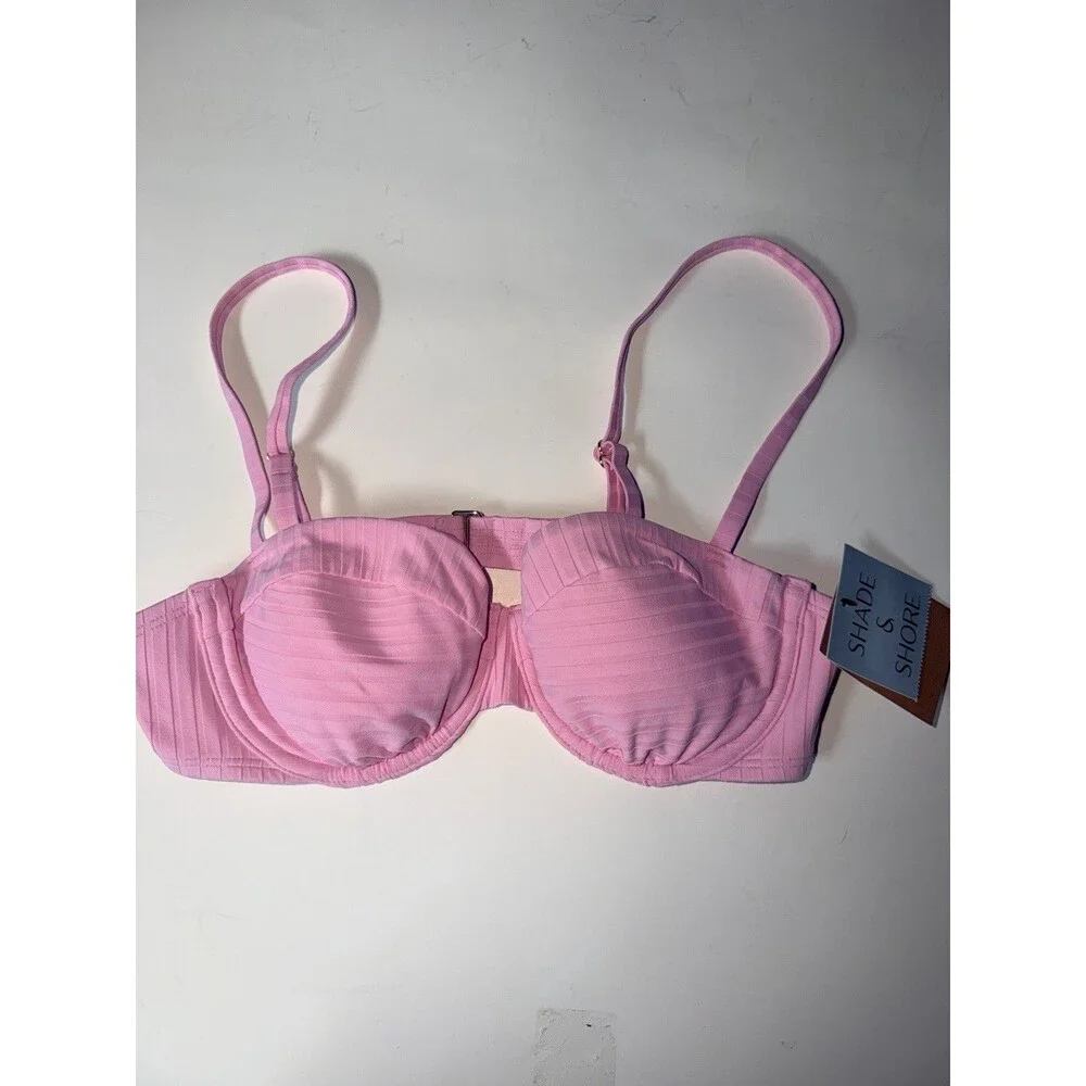 Shade And Shore Ribbed Underwire Bikini Top Womens 36C Pink Removable Pads New